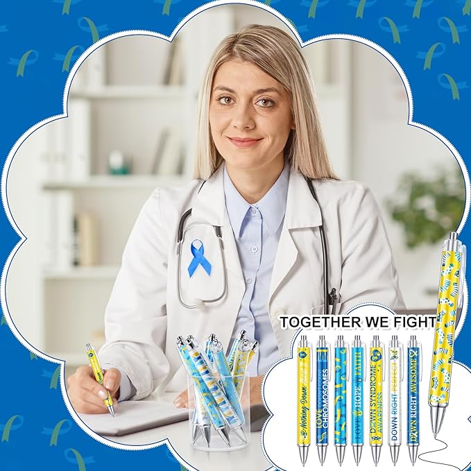 48 Pcs Down Syndrome Awareness Pens Blue Yellow Ribbon Awareness Ballpoint Pens Bulk Faith Courage Hope Strength Health Awareness Favor Gifts for Teen Social Charity Event