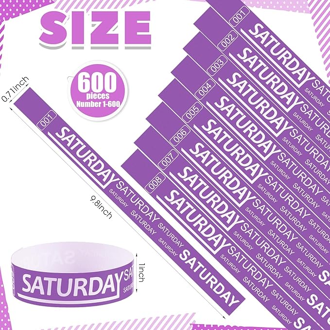 Henoyso 600 Pcs Saturday Paper Wristbands Event Wristbands Paper Bracelets Wristbands Numbered Waterproof Party Wristbands for Events Day of The Week(Purple)