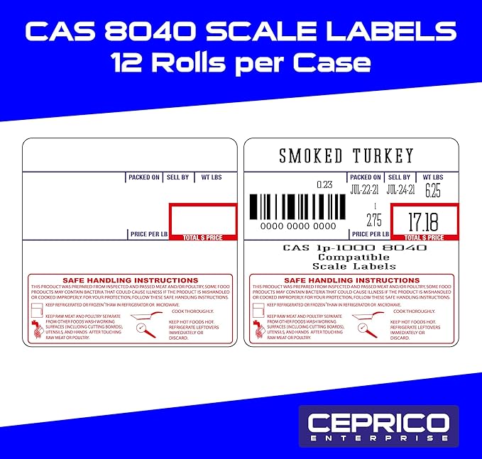 CEPRICO - CAS 8040 Scale Labels | 12 Rolls for CAS Scales | CAS lst-8040 Printing Scale Label | Quality for CAS Digital Scale | UPC Safe Handling | CAS lp 1000 | 500 Labels for Scales | Try It