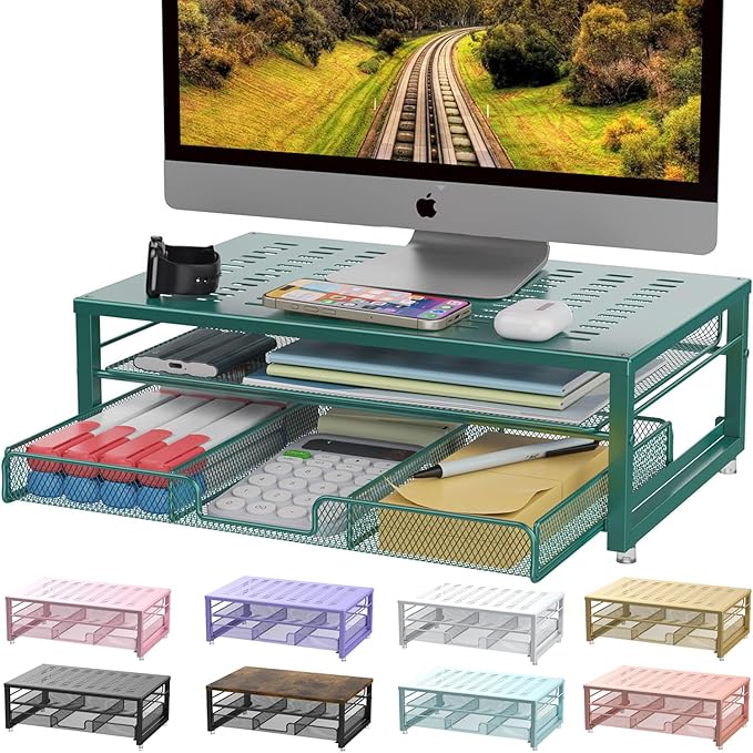 gianotter Computer Monitor Stand Riser, office organizer with Drawer, Office Organizers Storage for Classroom Office Supplies (Dark Green)