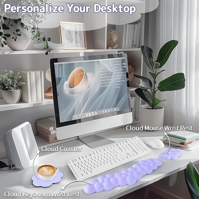 Cloud Wrist Rest Keyboard, Cloud Palm Rest Set with PU Leather Memory Foam, Cute Keyboard Rest for Wrist Support and Arm Rest, Desk Cloud Wrist Pad for PC/Gaming/Hand Cushion/Computer-Purple