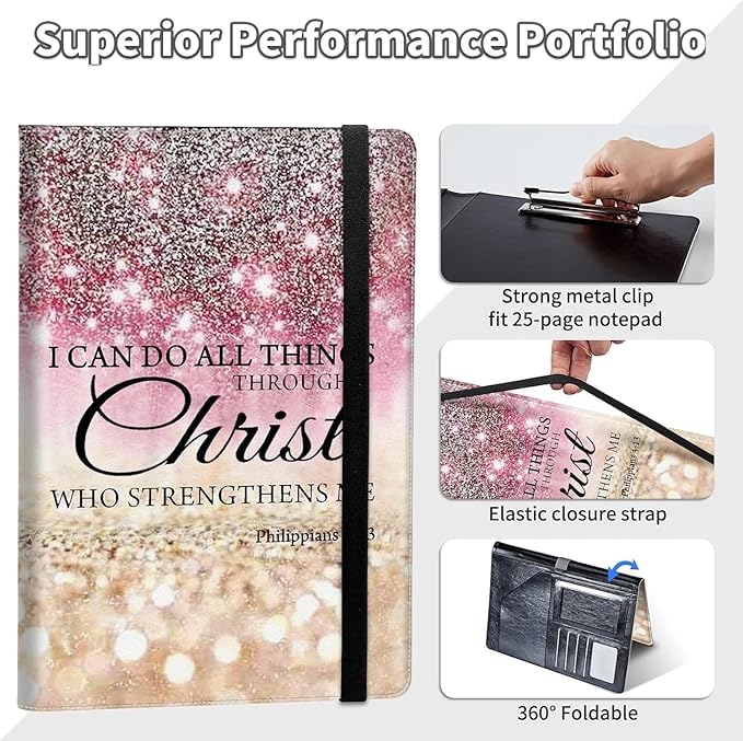 Padfolio/Portfolio Folder Clipboard,I can do all things through christ Personalized Leather Portfolio Padfolio for Men Women W/Resume Document Organizer Letter Size A4 Writing Pad Business Card Holder