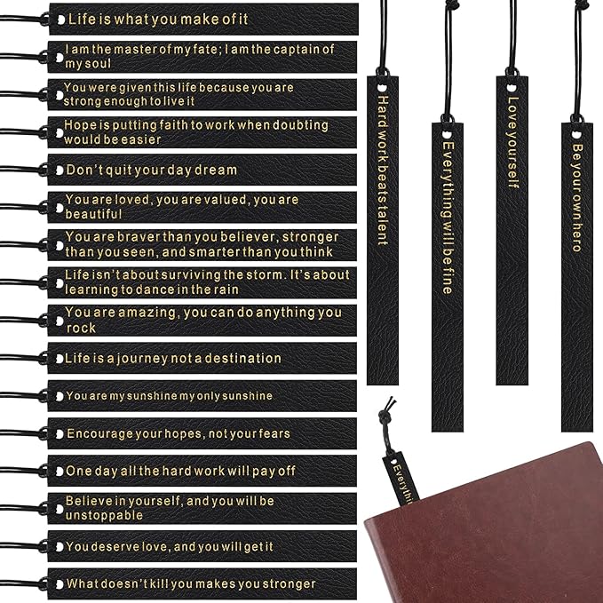 Roowest 20 Pcs Motivational Leather Bookmarks Inspirational Leather Page Markers Book Marks for Book Lovers Black Bookmark for Reading Readers Bookworm Book Lovers Writers Women Men Gift Party Favor
