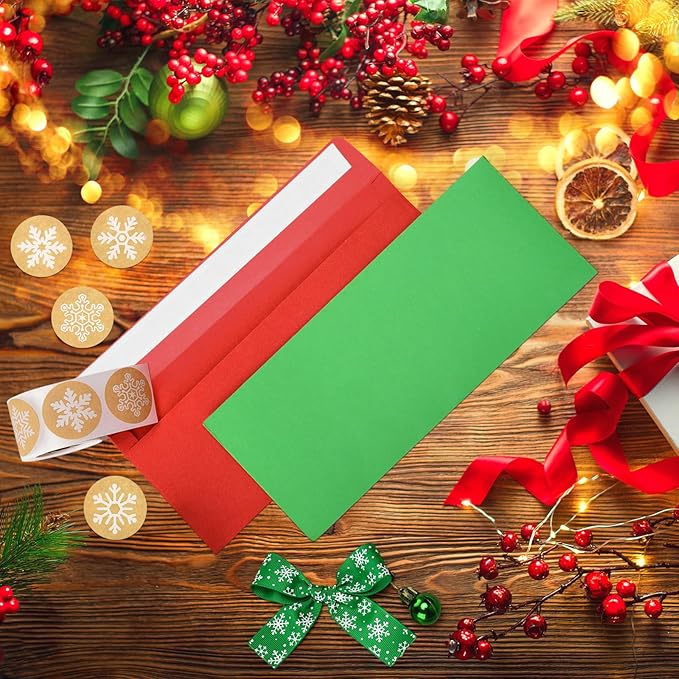 100 Pieces Number 10 Envelopes Gift Card Envelopes with 200 Pieces Christmas Kraft Snowflake Stickers Valentine's Day Stickers for Festive Letters Holiday Mail Gift Supplies (Simple Style)