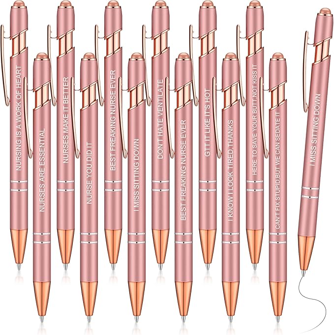Zonon 12 Pieces Inspirational Pens Bulk Easter Basket Stuffers Motivational Quotes Ballpoint Pens with Stylus Tip Inspirational Gifts for School Office Teachers(Rose Gold,Nurse Style)