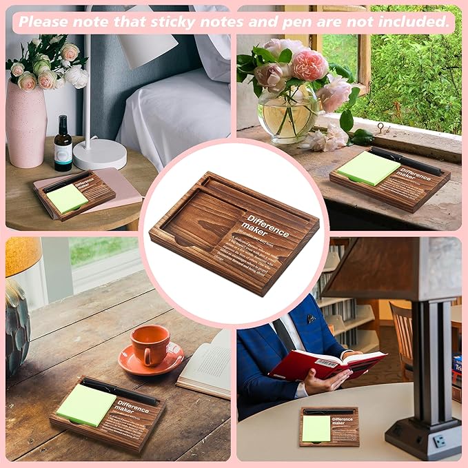 Difference Maker Sticky Note Holder Wooden Notepad & Pen Holder 6.5" x 4.7" Sticky Note Pad Holder Dispenser for Desk Difference Maker Definition Work Gifts, NPA183