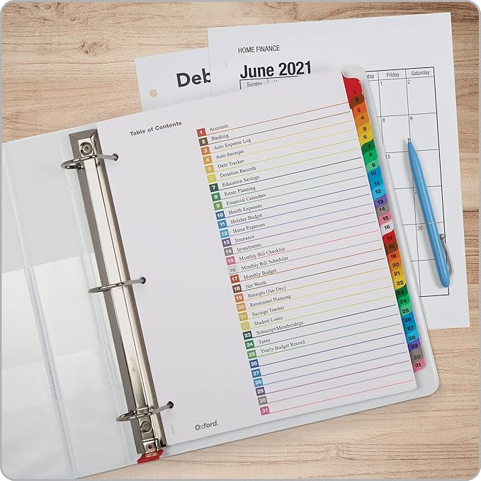 Oxford OneStep Binder Dividers, Dividers for 3 Ring Binder,Durable 31 Tab Daily Divider Sets, Numbered 1–31, Customizable Table of Contents, Reversible Multicolor Tabs, 3 Sets (89402)