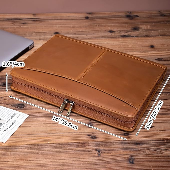 Handmade Crazy-Horse Leather Padfolio Portfolio, Easy to Carry with A Zippered Closure, Business Organizer Tablet Folio Folder with Letter Size Notepad, Gift for Women & Men (Brown, Upgraded version)