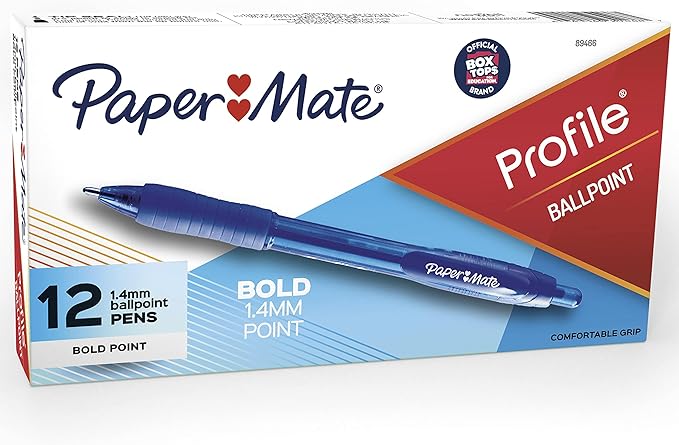 Paper Mate Profile Retractable Ballpoint Pens, Bold Point (1.4mm), Blue, 12 Count