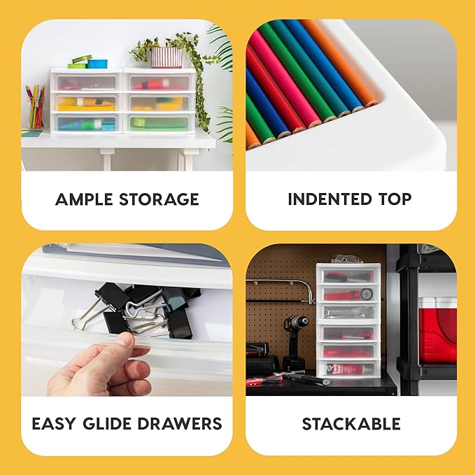 IRIS USA Medium 3-Drawer Desktop Organizer with Open Tray Top, 2 Pack, Plastic Drawer Storage Container for Stationery Art Craft Supplies, White