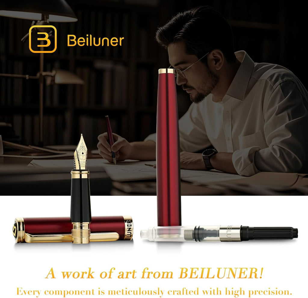 BEILUNER Red Fountain Pen,Stunning Luxury Lacquer,24K Gilded Nib(Fine),Gorgeous 24K Gold Finish,Ink Converter, Fancy Gift for Men&Women-Elegant, Executive,Office, Elegant, Nice Pens for Writing
