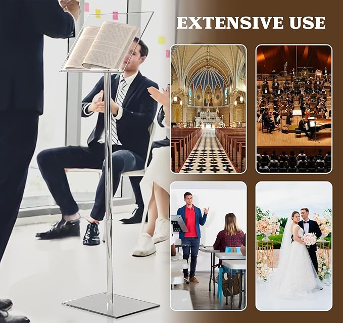 Baoz Acrylic Podium, Angle Adjustable Podium Stand Clear Speaking Podium Lecterns & Podiums for Speech Weddings Concert Church Classroom