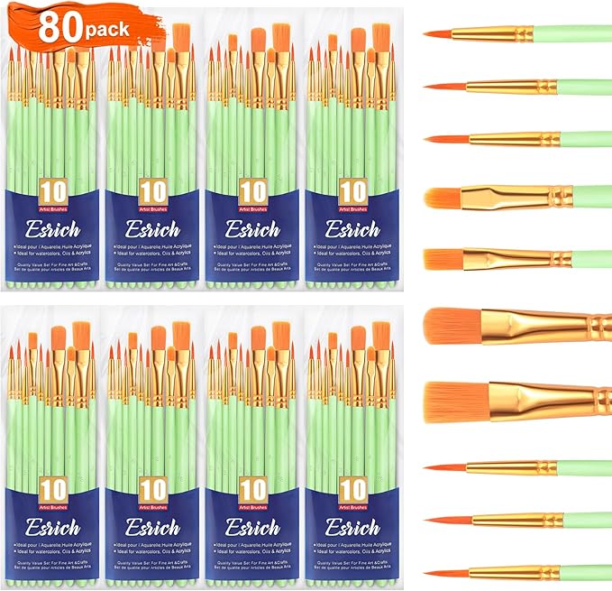 ESRICH Paint Brushes Set,8 Packs 80 Pcs Acrylic Paint Brush Set,St. Patrick's Party Acrylic Oil Watercolor, Face Nail Art, Miniature Detailing,Rock Painting,Painting Artist Professional Kits(Green) ﻿
