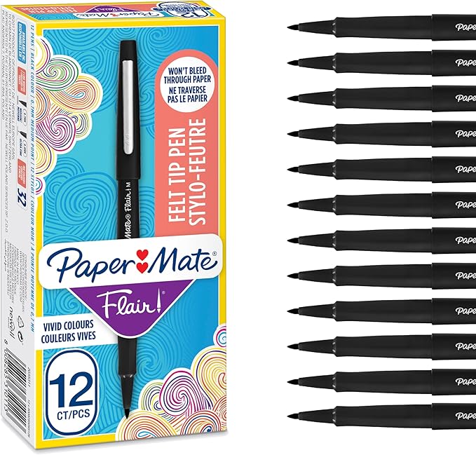 Paper Mate Flair Pen, 0.7 mm Medium Tip, Black, Box of 12