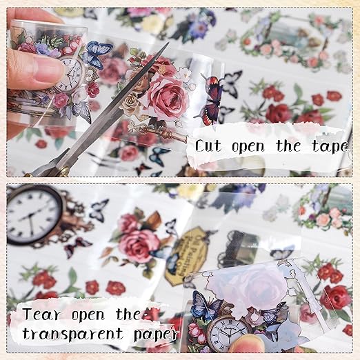 Vintage Flower PET Tape - Flower Butterfly Transparent Tape Junk Journal Supplies, Angel Cat Scrapbooking Tapes for Art Crafts Decorative Scrapbook Journal, Aesthetic Junk Journal Supplies