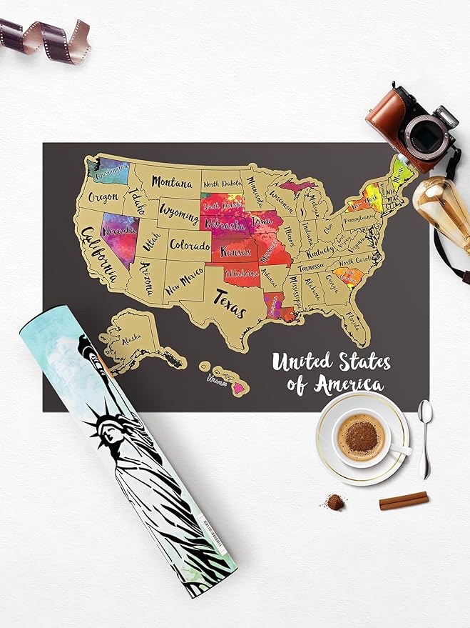 JARLINK Scratch Off USA Map Poster, 12x17 inches United States Map with Unique Accessories Set, Personalized Travel Poster, Gift for Travelers