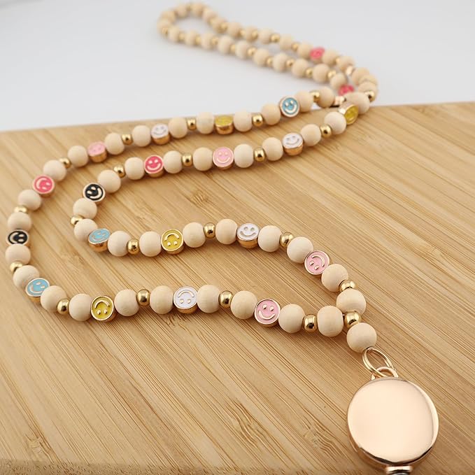 Smile Teacher Lanyard for Women with Retractable ID Badge Reel and Keychain Cute Happy Beads Lanyard