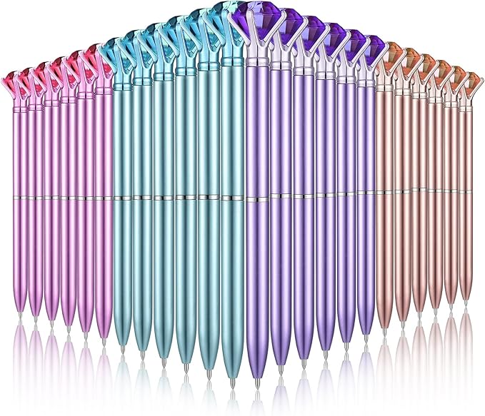 24 Pieces Big Crystal Diamond Pens Bling Ballpoint Pen Black Ink Rhinestones Pen for School Office Supplies Christmas Wedding Birthday Present, 4 Colors(Simple Style)