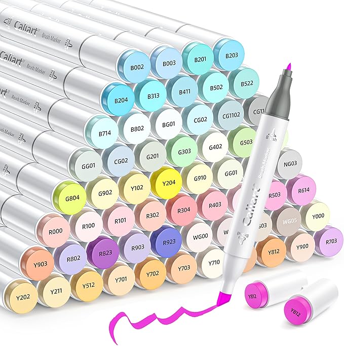 Caliart Pastel Markers, 61 Colors Dual Tip Alcohol Markers, Easter Basket Stuffers for Kids Teens Toddler, Sketch Pens Permanent Art Markers Set for Adult Book Eggs Decorations Gift Drawing Supplies