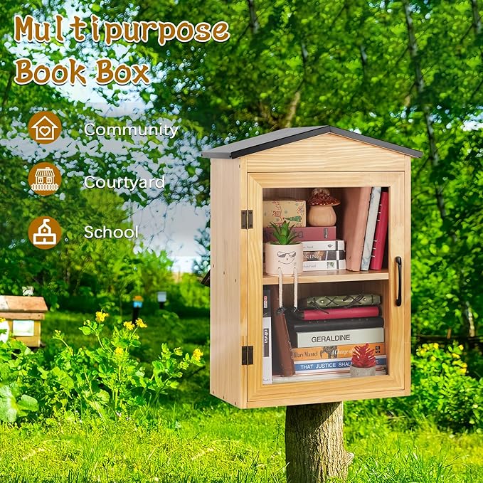Outdoor Library Box Literature Exchange Box Outdoor Book Storage Little Wood Cabinet for DIY, Neighborhoods Community and Schools Sharing Books, Literature and Newspapers (16x14x25 Inch)