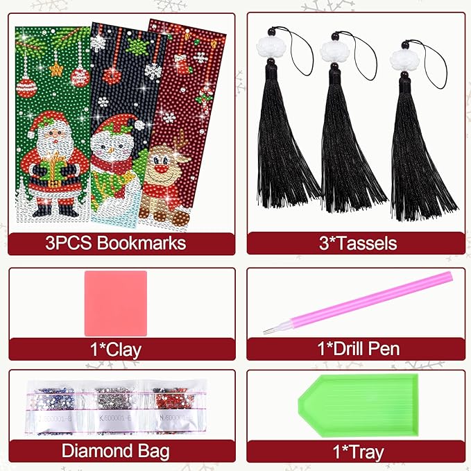 Anseal Christmas Diamond Painting Bookmarks for Book Lovers, Rhinestone PU Leather Diamond Art Bookmark for Women Girls, Tassel Beaded Book Mark for Graduation Birthday Christmas Reading Present