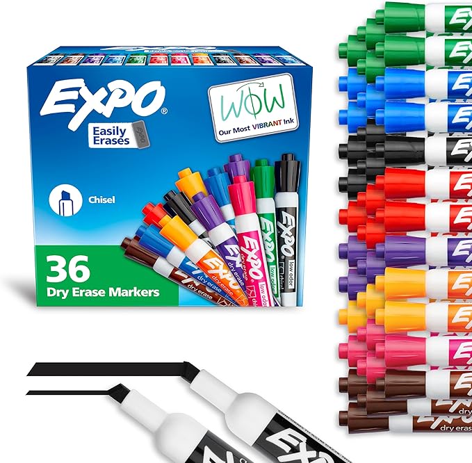 EXPO Dry Erase Markers, Low Odor Ink, Assorted Colors, Chisel Tip, 36 Count