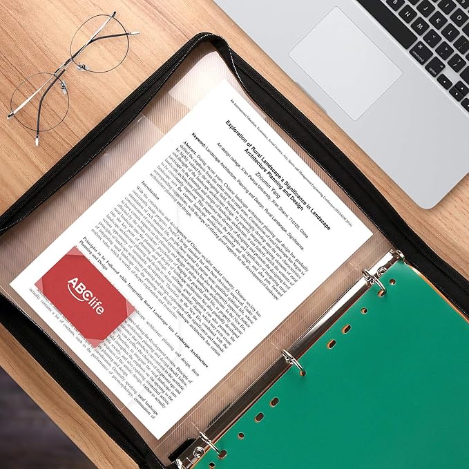 ABC life Zipper Binder with 8 Insertable Plastic Dividers, Document Folder 3 Ring Binder,Retractable Handle, Perfect for School,Project Organization, Holds 300 A4/Letter Size Papers,Black Transparent