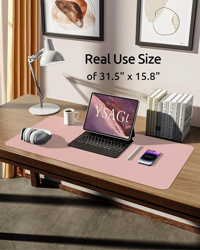 YSAGi Leather Desk Protector, Office Mat, Large Mouse Mat, Non-Slip PU Leather Blotter, Laptop Desk Pad, Waterproof Writing Pad for Office and Home (Light Pink, 31.5" x 15.8")