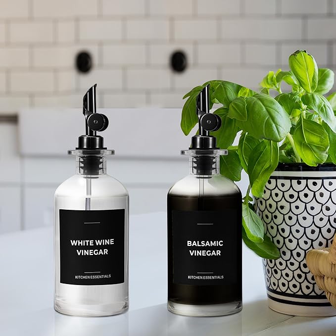 Olive Oil Labels for Glass Bottles - 2.5" x 2.5" Waterproof & Oil-Proof Kitchen PVC Sticker Labels for Oils, Vinegars, Sauces, Cooking Wines & Condiments - Minimalist Black, 39pcs