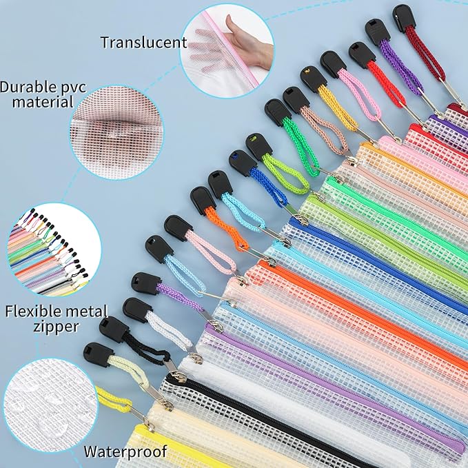 EOOUT 56pcs Mesh Zipper Pouch, Waterproof Zipper Bags, 8 Sizes Plastic Travel Pouch, 18 Colors, Multipurpose for Travel Storage, Office Appliances