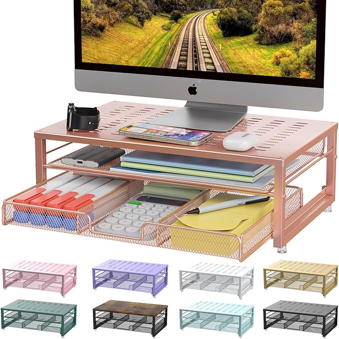 gianotter Computer Monitor Stand Riser, office organizer with Drawer, Office Organizers Storage for Classroom Office Supplies (Rose)