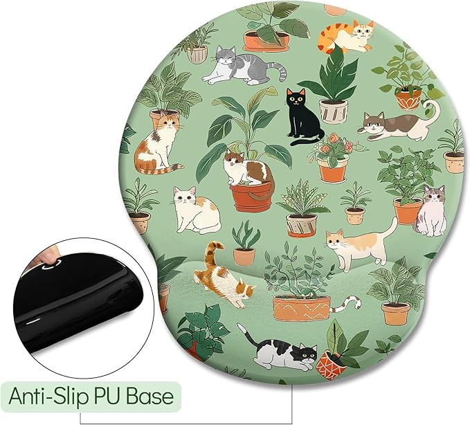 Cat Ergonomic Mouse Pad with Wrist Rest, Green Computer Mouse Pad Wrist Support with Non-Slip Pain Relief PU Base, Funny Mouse Pads for Desk Work, Cute Cat Office Desk Decor Accessories