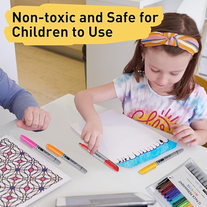 TOWON Permanent Markers 12 Assorted Colors - Waterproof Colored Fine Tip Pens Set, Home Office School Supplies for Kids, Adults Coloring