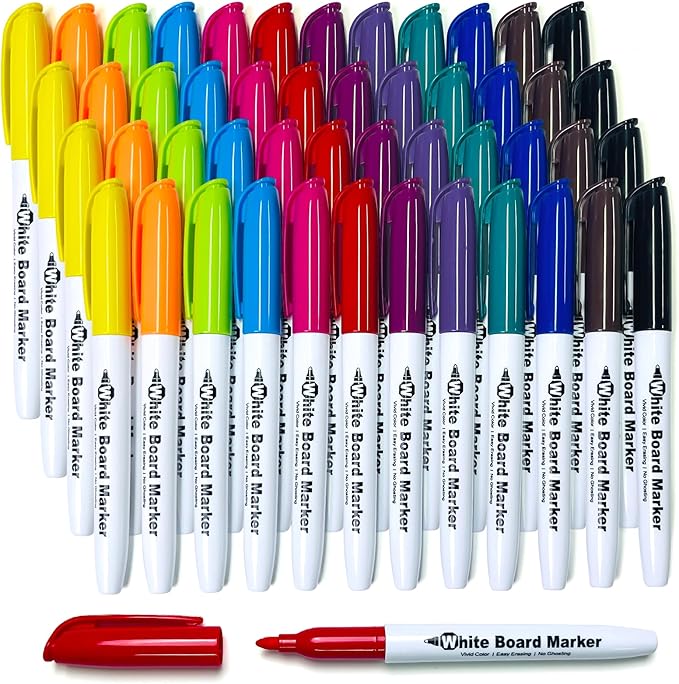 SFAIH Dry Erase Markers Fine Tip - Whiteboard Markers 48 Pack 12 Assorted Color, Fine Tip Dry Erase Markers For Kids Adults, Color Markers for Classroom