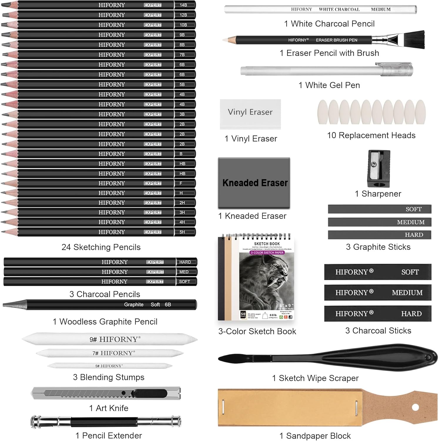 HIFORNY 58 PCS Drawing Kit Sketching Pencil Set,Sketch Pencils Art Supplies with 3-Color Sketchbook,Graphite,Charcoal,Blending Tools,Drawing Pencils for Adults Artists