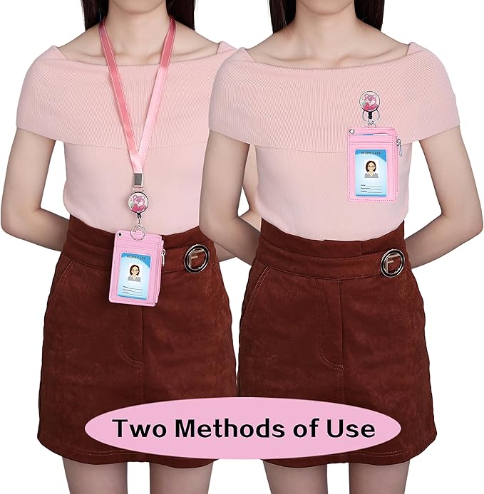 Cute ID Badge Holder Retractable Lanyard Reel Clip with Heavy Duty Carabiner, 5 Card Slots in 2 Sided with Key Ring and Zipper for Students Teens Boys Girls Office Staff Women (Red Bear)