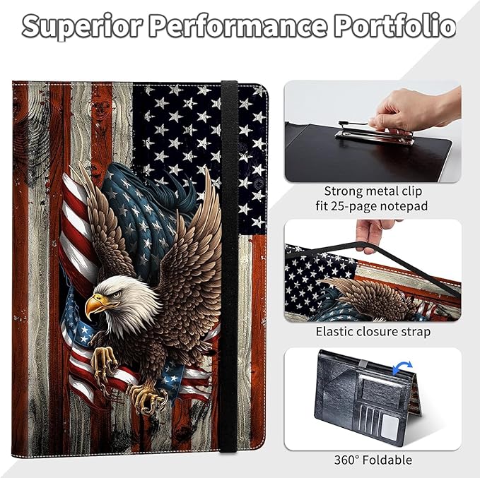 Padfolio/Portfolio Folder Clipboard,Bald Eagle with American Flag Personalized Leather Portfolio Padfolio for Men Women W/Resume Document Organizer Letter Size A4 Writing Pad Business Card Holders