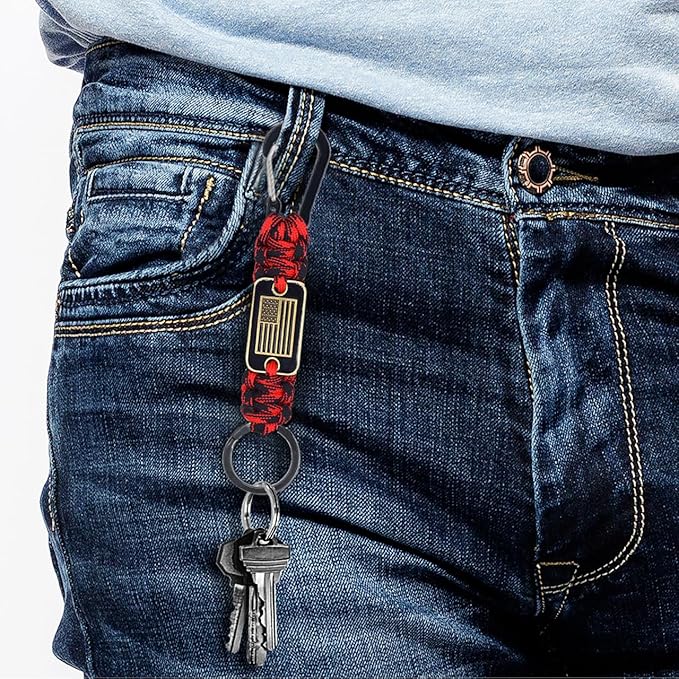 Paracord Keychain with USA Flag, Paracord Carabiner Keychain Clip, Braided Lanyard Utility Ring Hook Outdoor Camping Kit
