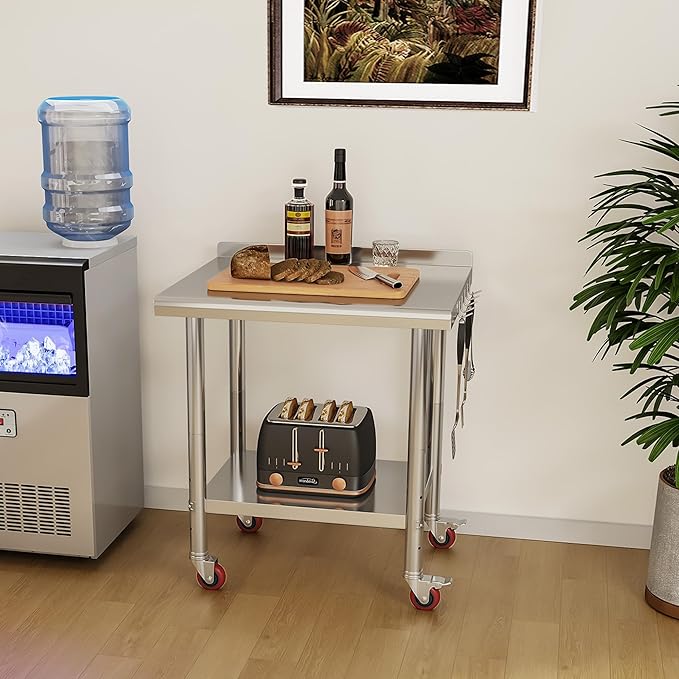 YITAHOME 30" x 24" Stainless Steel Table with Wheels for Prep & Work with Backsplash, NSF Metal Table Prep Table with Undershelf for Home Kitchen Restaurant Garage Warehouse