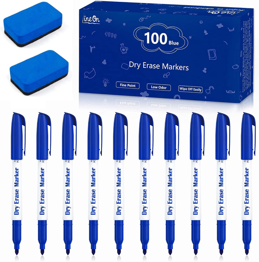 Dry Erase Markers, 100 Bulk Pack Blue Whiteboard Markers with 2 Eraser, Fine Point Dry Erase Markers Perfect For Writing on Whiteboards, Dry-Erase Boards,Mirrors for School Office Home