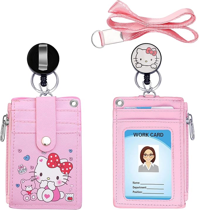 Cute ID Badge Holder Retractable Lanyard Reel Clip with Heavy Duty Carabiner,5 Card Slots in2 Sided with Key Ring and Zipper for Students Teens Boys Girls Office Staff Women (01 Pink CatA)