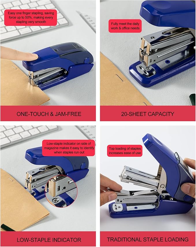 PAPERPAL Effortless Standard Stapler Set, 20 Sheet Capacity, Half Strip, Built-in Staples Storage, Holds 1/4" Staples, Includes 1000 Staples and A Staple Remover, Office, School & Daily Use, Dark Blue