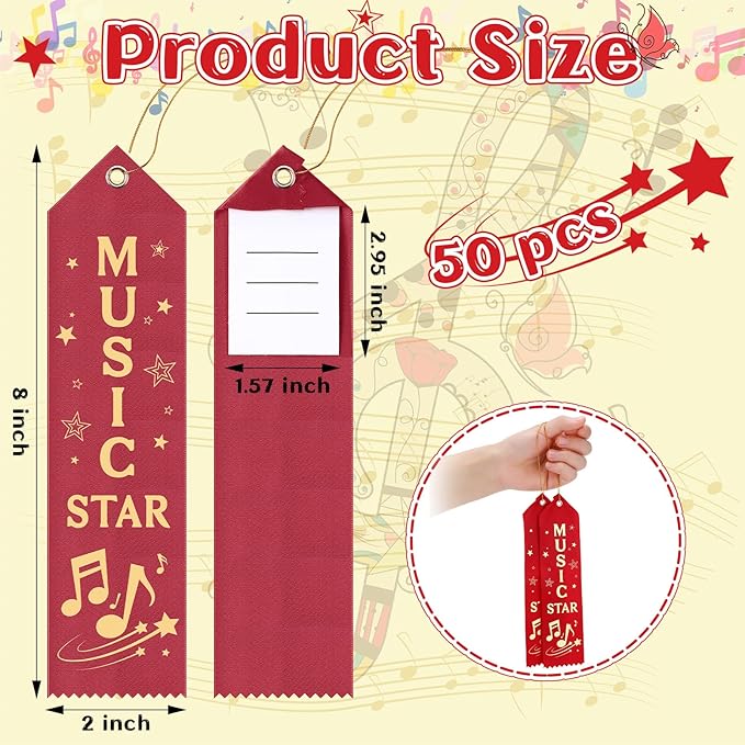 50 Pcs Music Star Ribbons 8 x 2 Inches Maroon Ribbons with Cards and Strings Music Prizes Bookmark Style Awards for Singing Competitions Class Activities Concerts