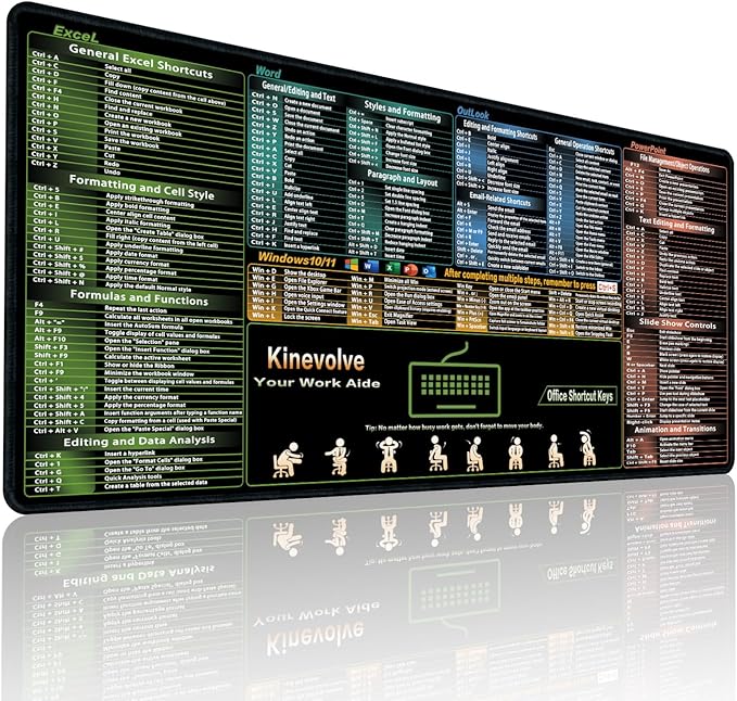 Excel/Word/Outlook/Windows/PowerPoint Shortcut Keys Mouse Pad, Shortcut Mat for Pc Office,Large XL Gaming Mousepad,Non-Slip Stitched Edge 31.5" x 11.8"