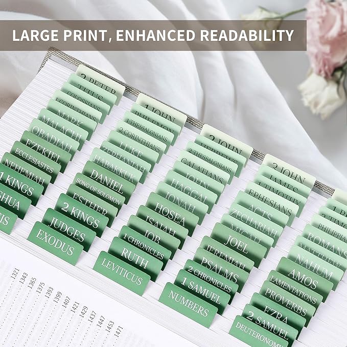 Bible Tabs for Women & Men, Laminated Bible Tabs for Study Bible, Large Print Neutral Bible Tabs for Easy Navigation, Bible Index Tabs, 66 Tabs Old & New Testament, Extra 9 Blank Tabs, Evergreen Grace
