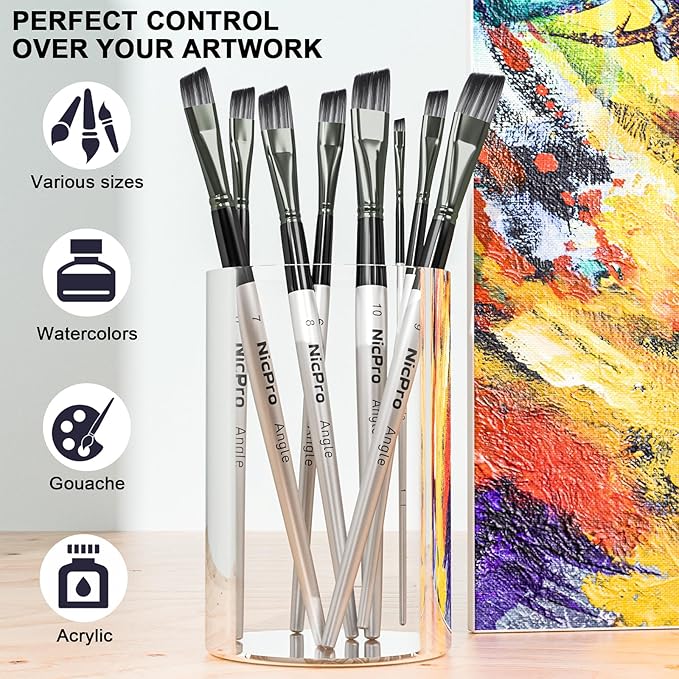 Nicpro 10 PCS Angular Paint Brush Set, Soft Anti-Shedding Nylon Hair Long Handle Angled Paint Brushes, Suitable for Artists and Beginners for Watercolor, Acrylics, Ink, Gouache, Oil, Tempera