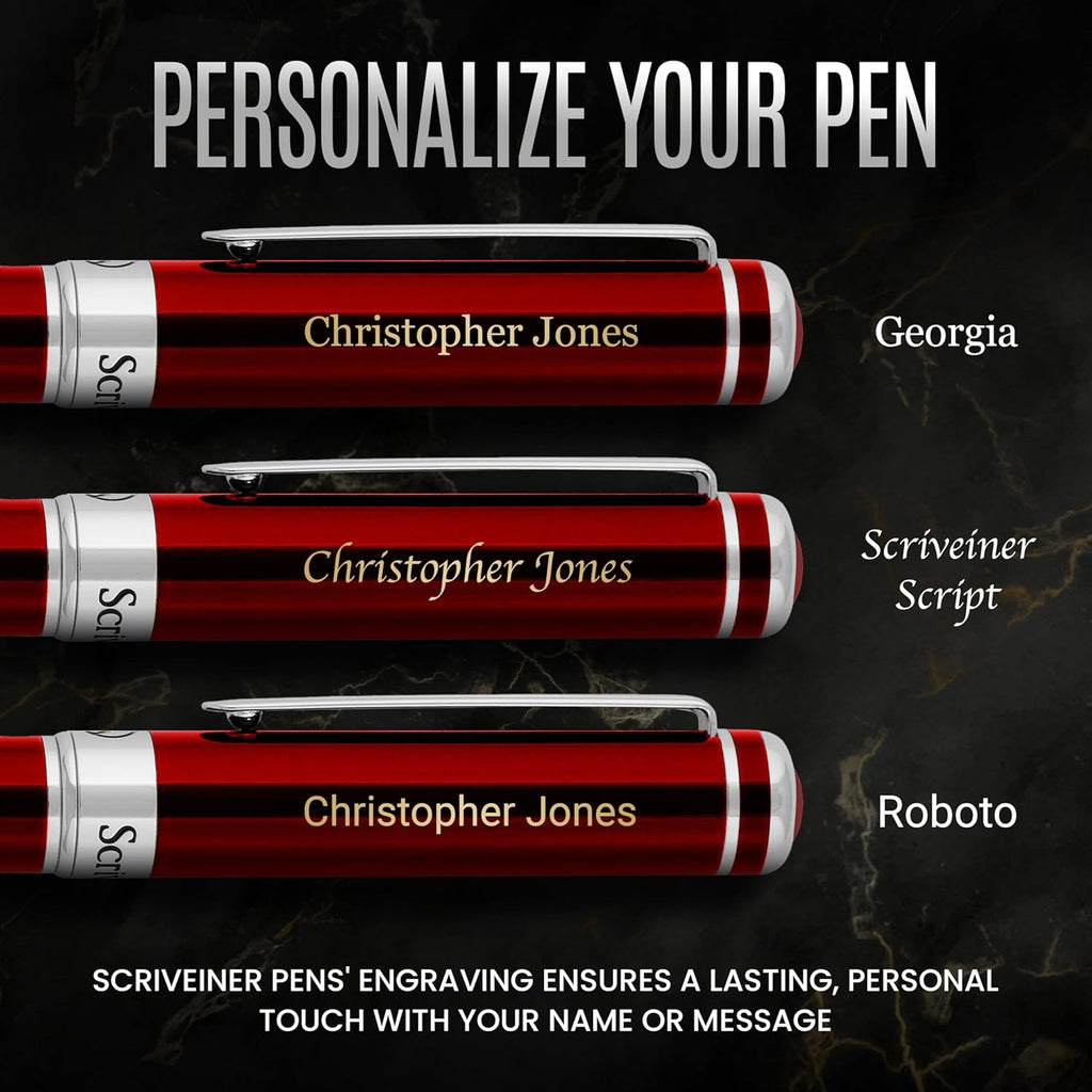Scriveiner Personalized Deep Crimson Red Pen - Stunning Red Lacquer Luxury Pen with Chrome Finish, Schmidt Ink Refill, Best Engraved Roller Ball Gift Set for Men & Women, Custom Name Engraving