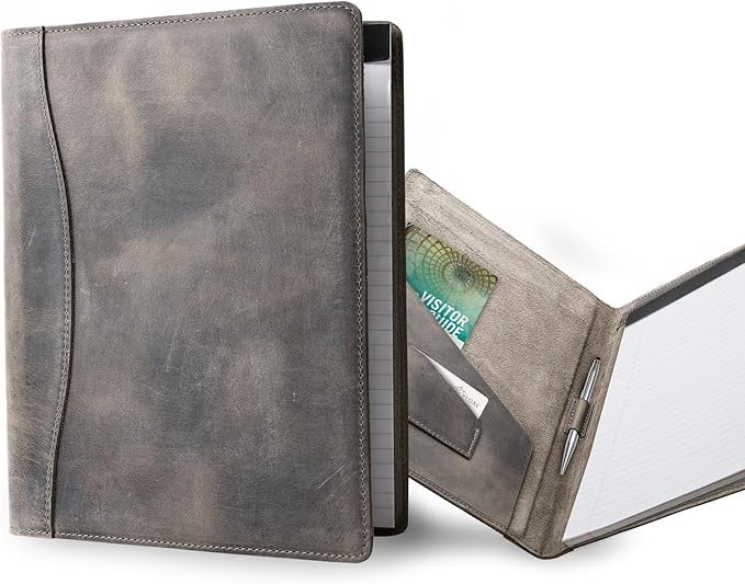 PEGAI Handmade 100% Leather Padfolio, Legal Pad Organizer for Business School Office Conference, Heavy Duty Full Grain Cow Hide Resume Interview Folio, Amazing Gift Idea | Marshall (Rock Gray)