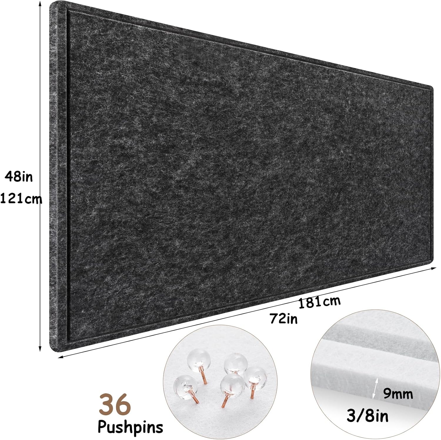 Large Bulletin Board, Foldable 72x48 Inches Cork Board Alternative, Large Felt Board Decorative Pin Board for Wall, Foldable Photo Board Self-Adhesive Vision Board with 36 Pushpins Dark Gray