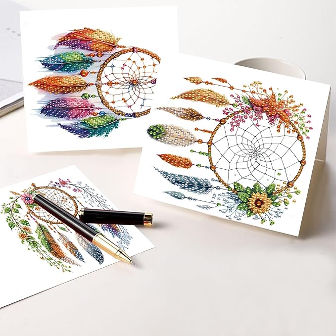 Tontut 6pcs Diamond Art Painting Kit Greeting Card, Feather Dreamcatcher 5D DIY Diamond Handmade Holiday Glitter Greeting Card with Envelope, Holiday Gift Congratulation